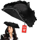 Black ruffled tricorn pirate hat with silver chain band and bow on the brim.