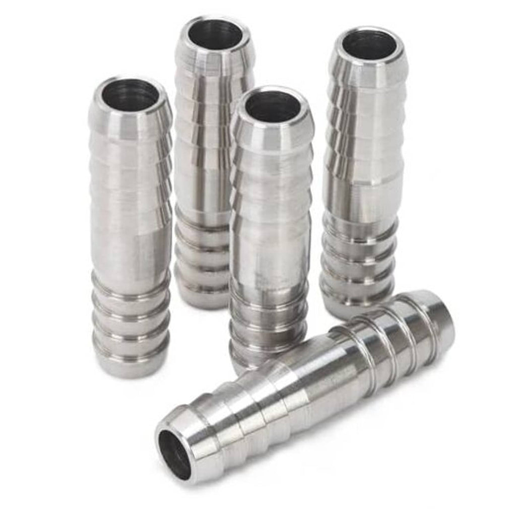 Stainless steel barbed hose splicer mender fitting, ridged barbs, dark inner bore