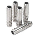 Stainless steel barbed hose splicer mender fitting, ridged barbs, dark inner bore
