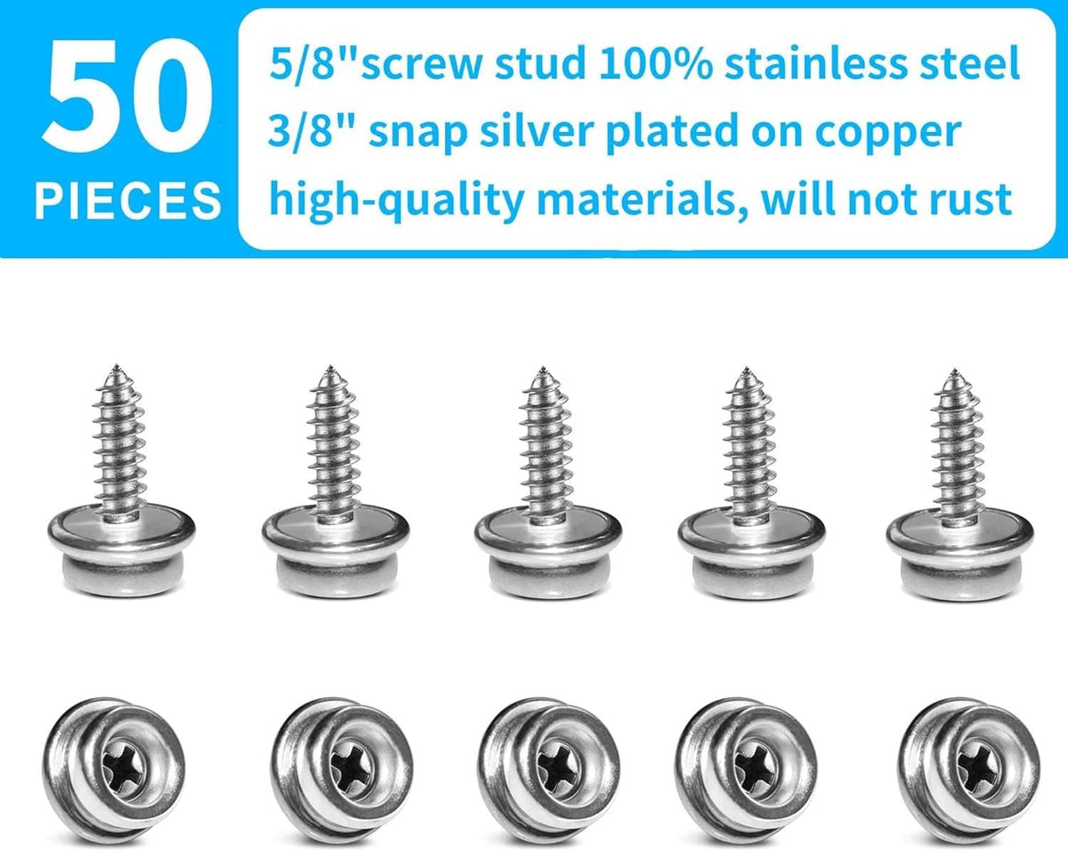 Set of silver stainless steel screw studs with snap caps and Phillips recess