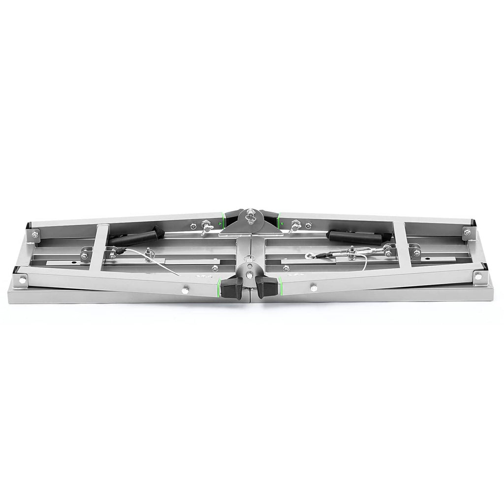 Underside view of portable scaffolding platform with braces, wheels, and locking hardware