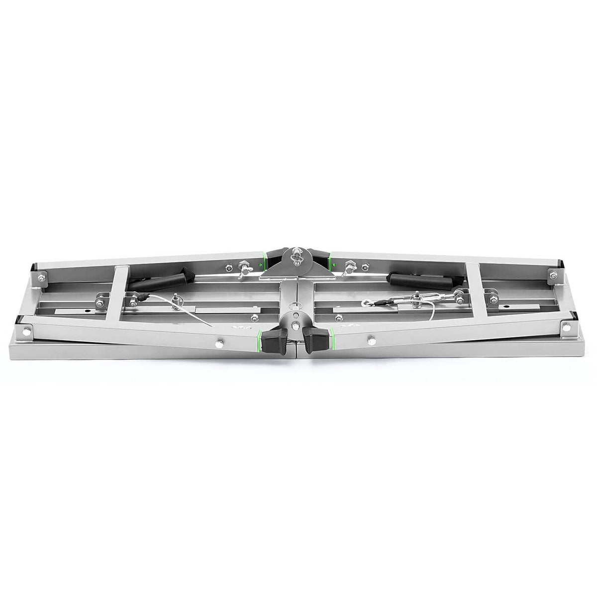 Underside view of portable scaffolding platform with braces, wheels, and locking hardware