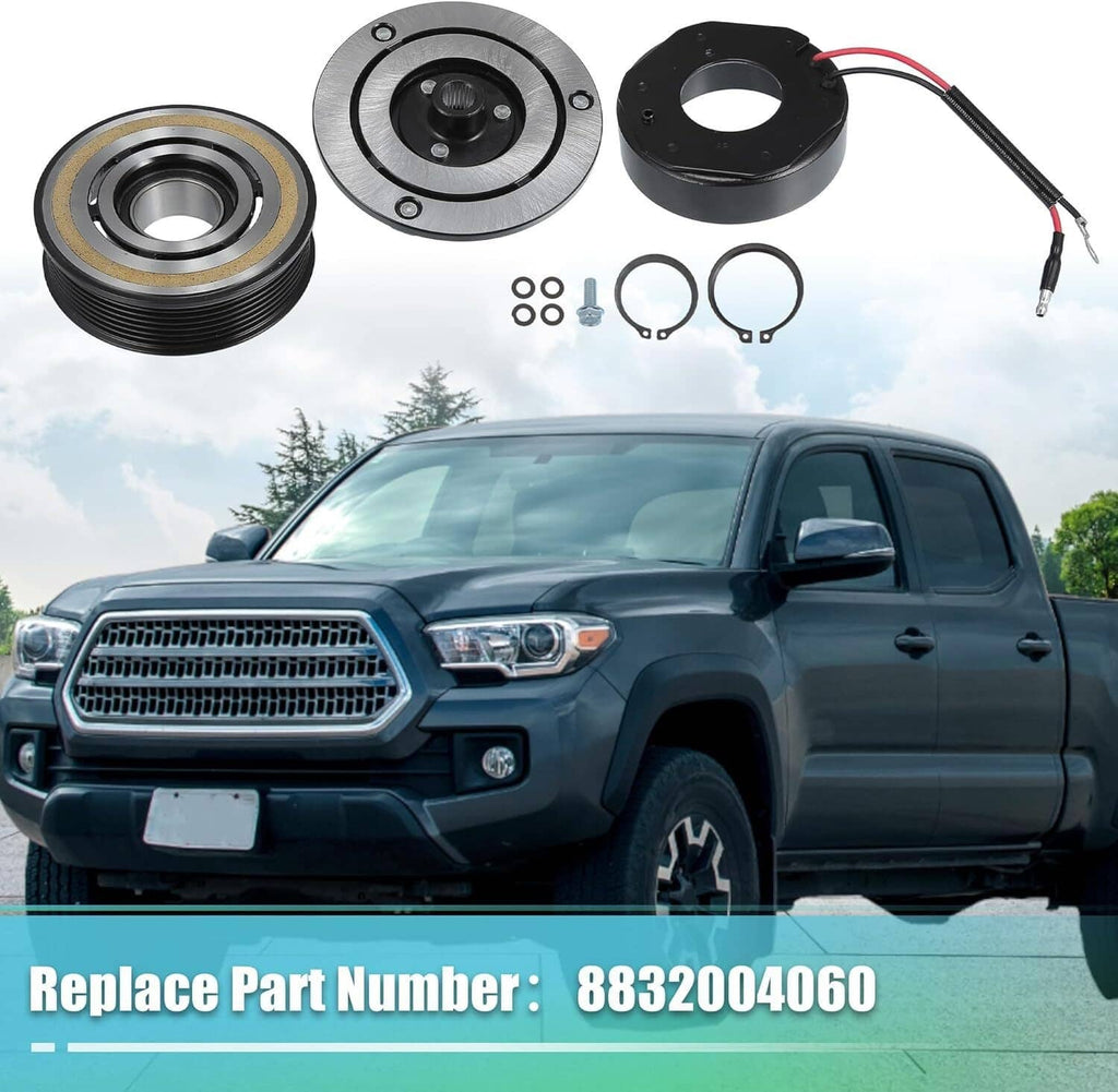 AC compressor clutch pulley, clutch plate, coil housing, and O-ring hardware with wire leads