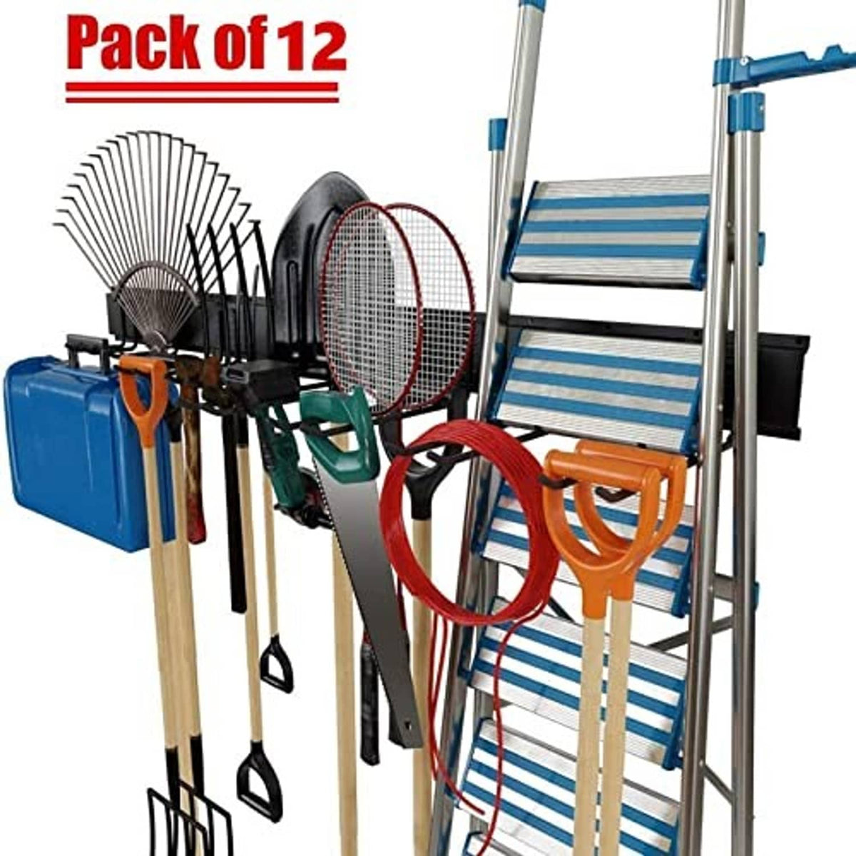 Black wall-mount rack holding garden tools, yard items, and bin storage on hooks