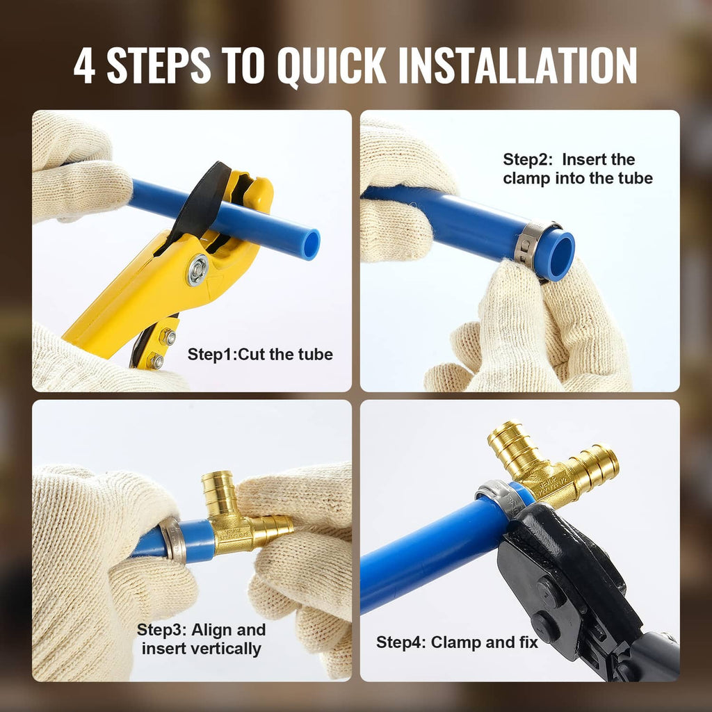 Clamp-style tee installation steps showing brass tee fitted to blue PEX tubing