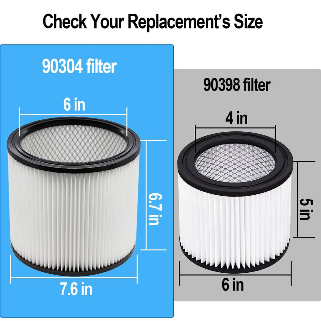 White pleated vacuum filter with black circular frame, shown with size comparison