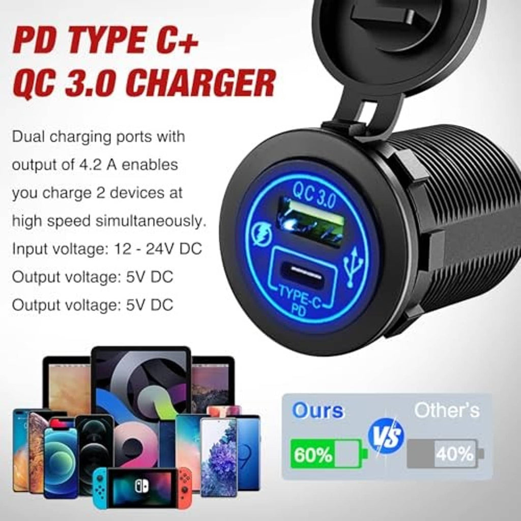 PD Type-C+ QC 3.0 car charger socket with blue QC screen and open charging cap