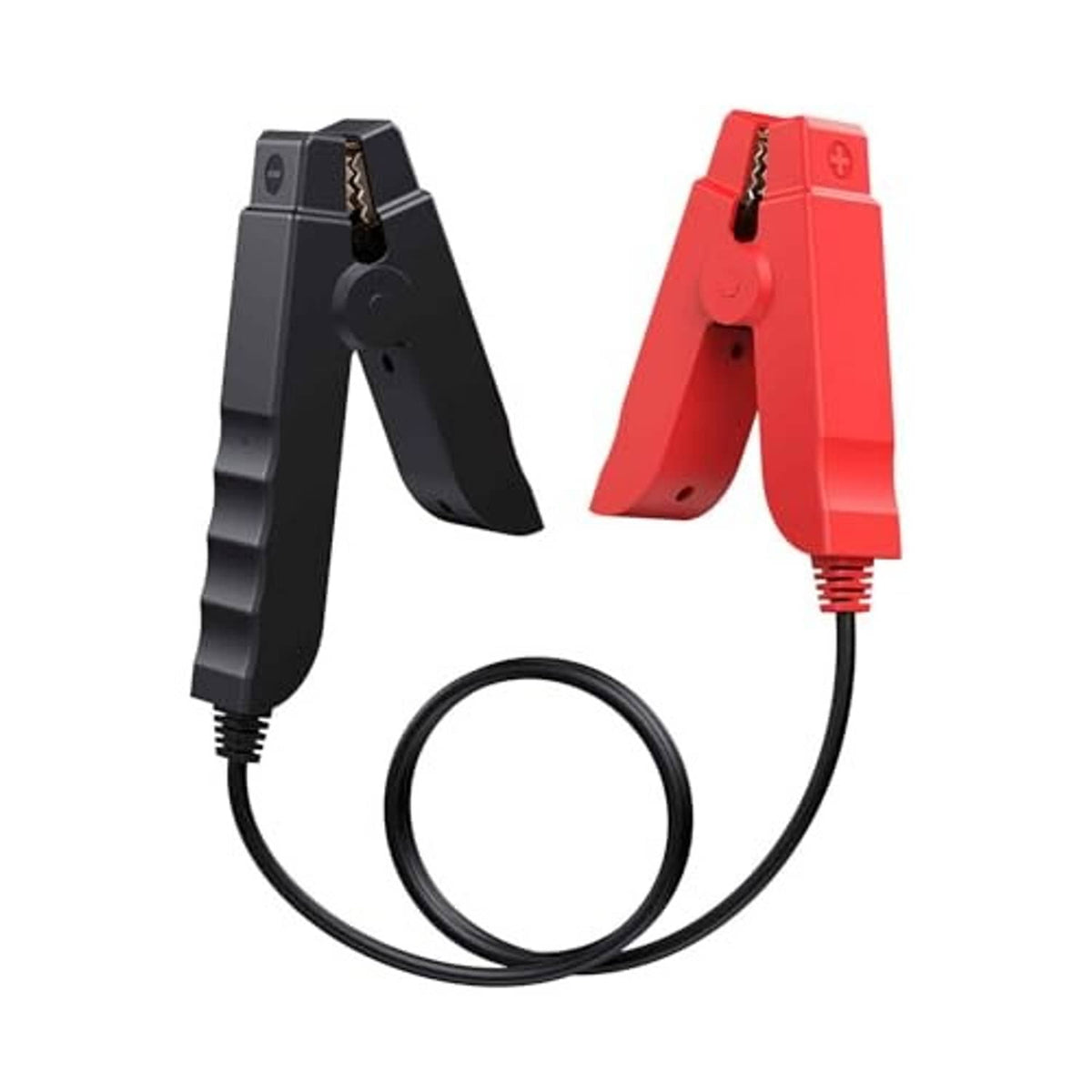 Pair of car battery test clamps: black and red, connected by cable