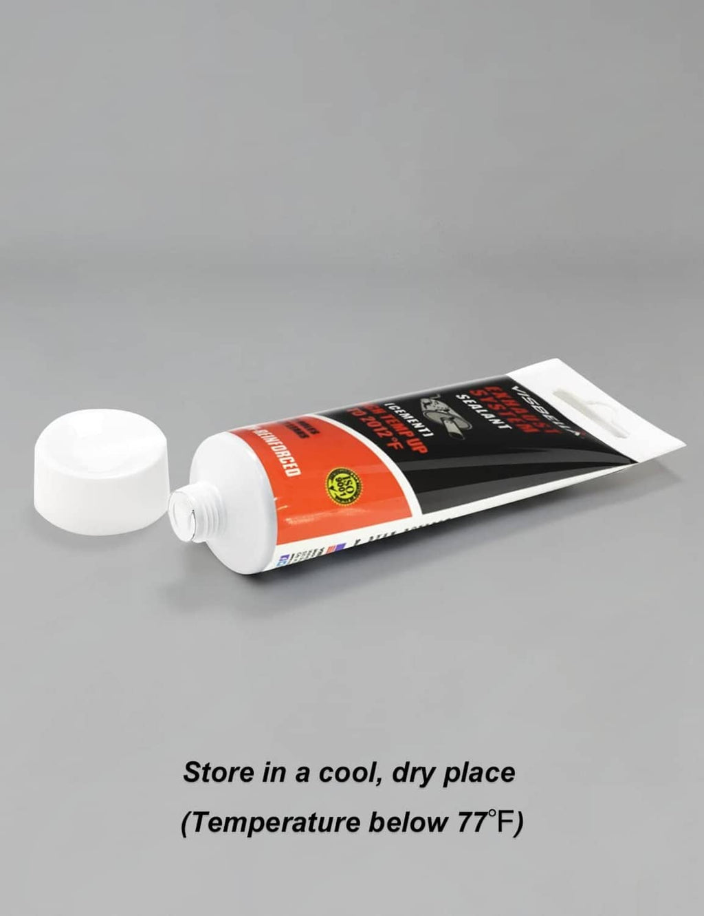 Exhaust system sealant tube, angled view with white dispensing cap and nozzle