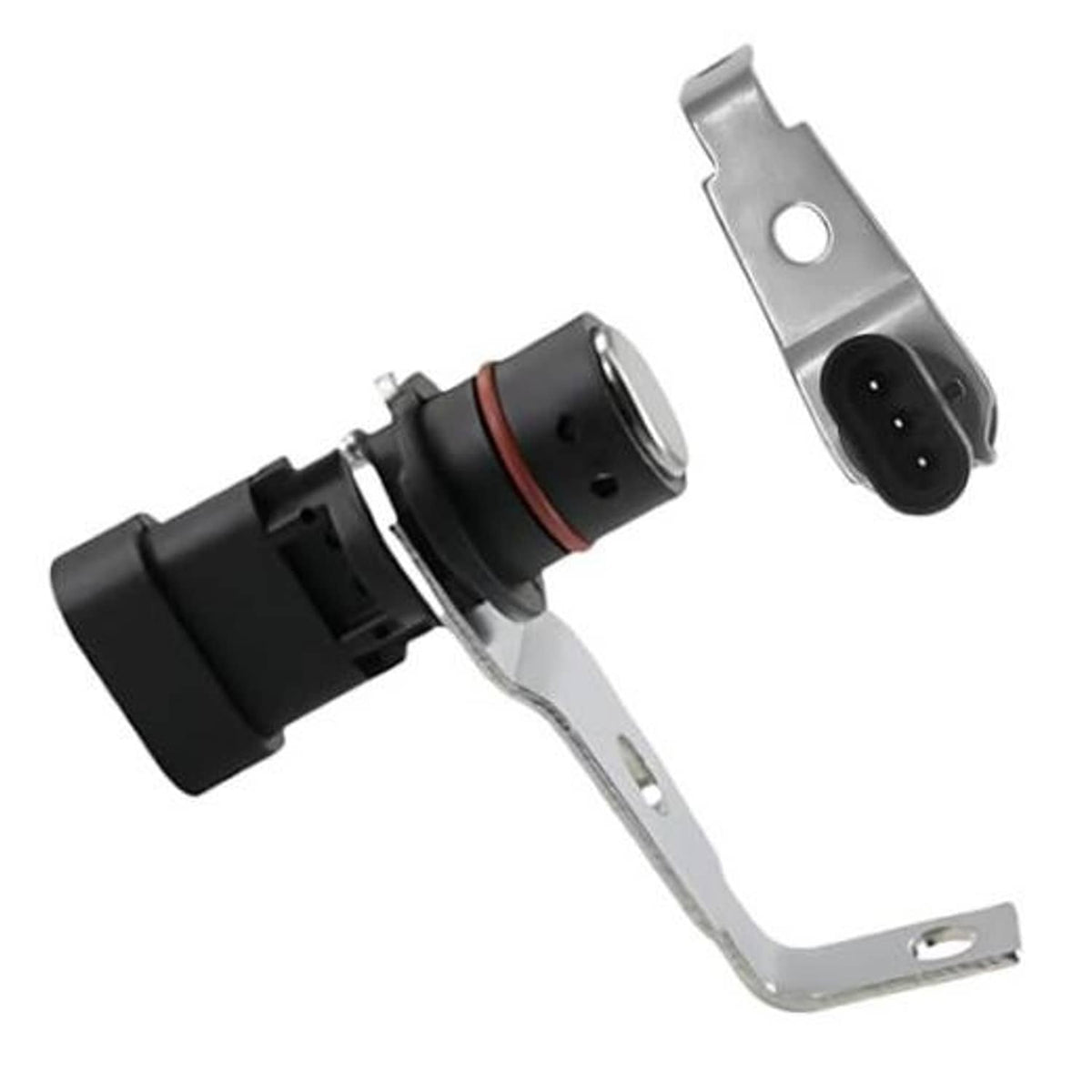 Crankshaft position sensor with metal mounting bracket and black plastic electrical connector