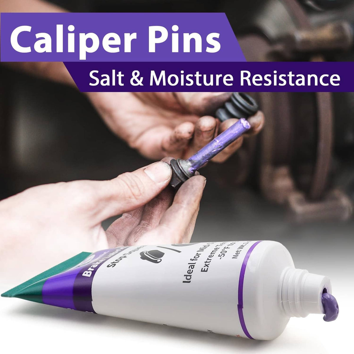Ceramic brake lubricant tube with purple grease, applied to caliper pin by hand
