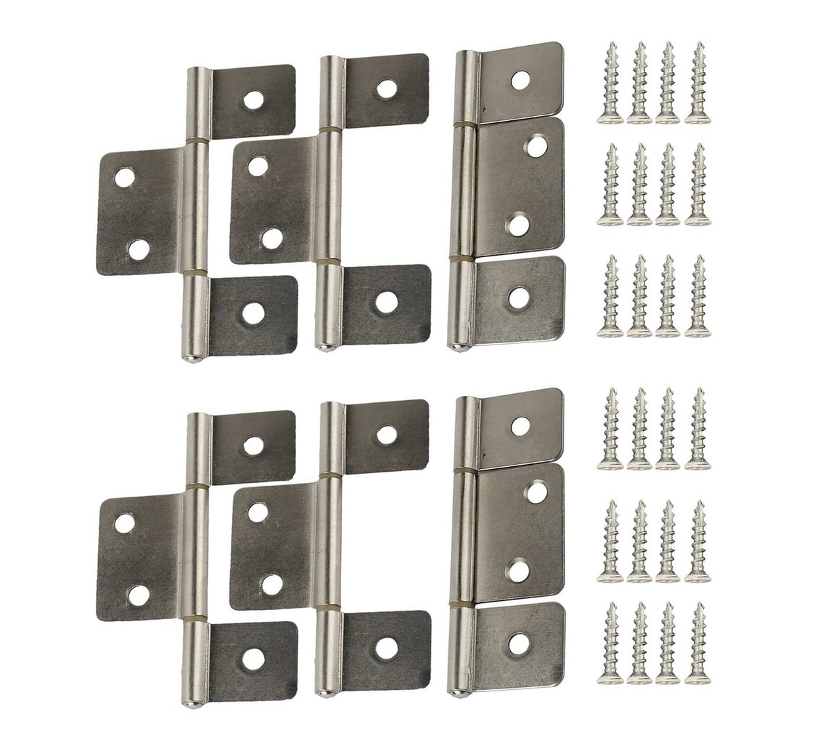 Metal butt hinges with rounded corner plates and mounting screw holes, set of three