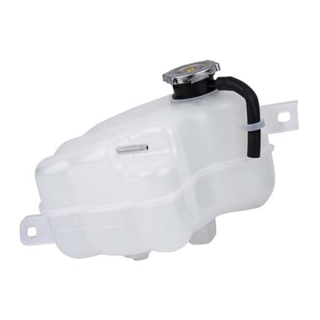 Engine coolant reservoir tank with black cap and attached hose, white translucent housing