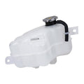 Engine coolant reservoir tank with black cap and attached hose, white translucent housing