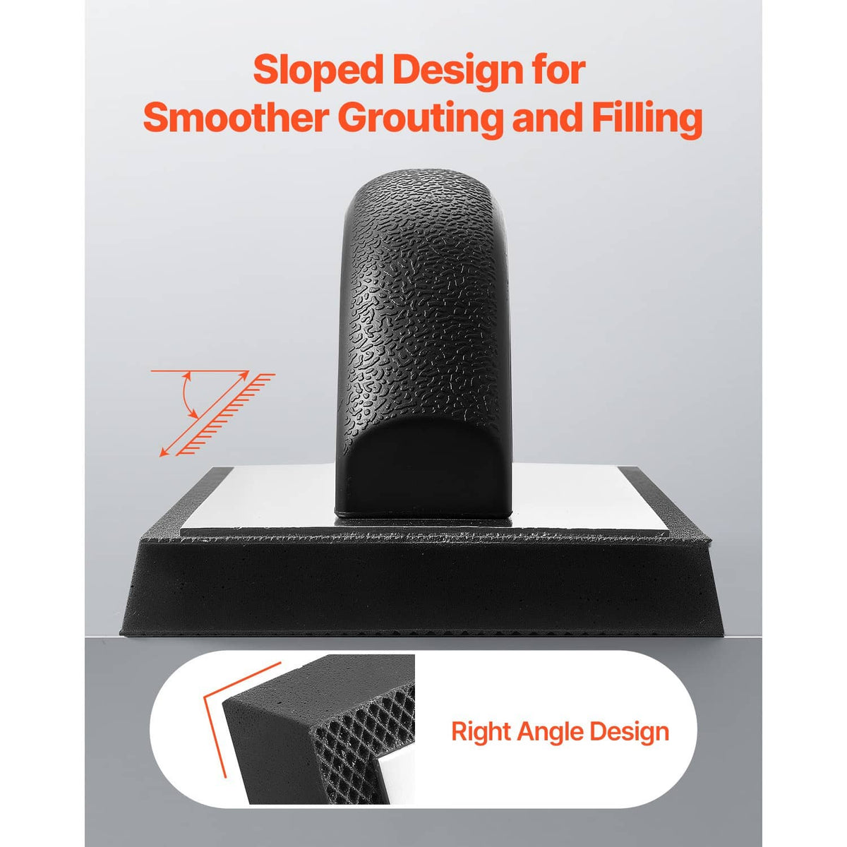 Black rubber grout float with sloped design and right-angle edge for filling
