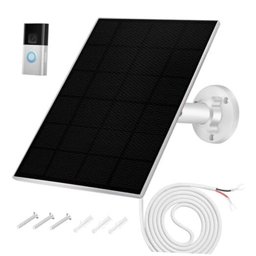 Black solar panel charging kit with wall mount bracket, cable, and screws