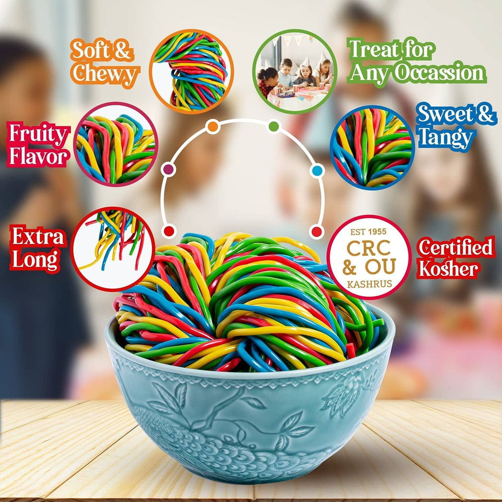 Colorful string licorice candy in a blue patterned bowl