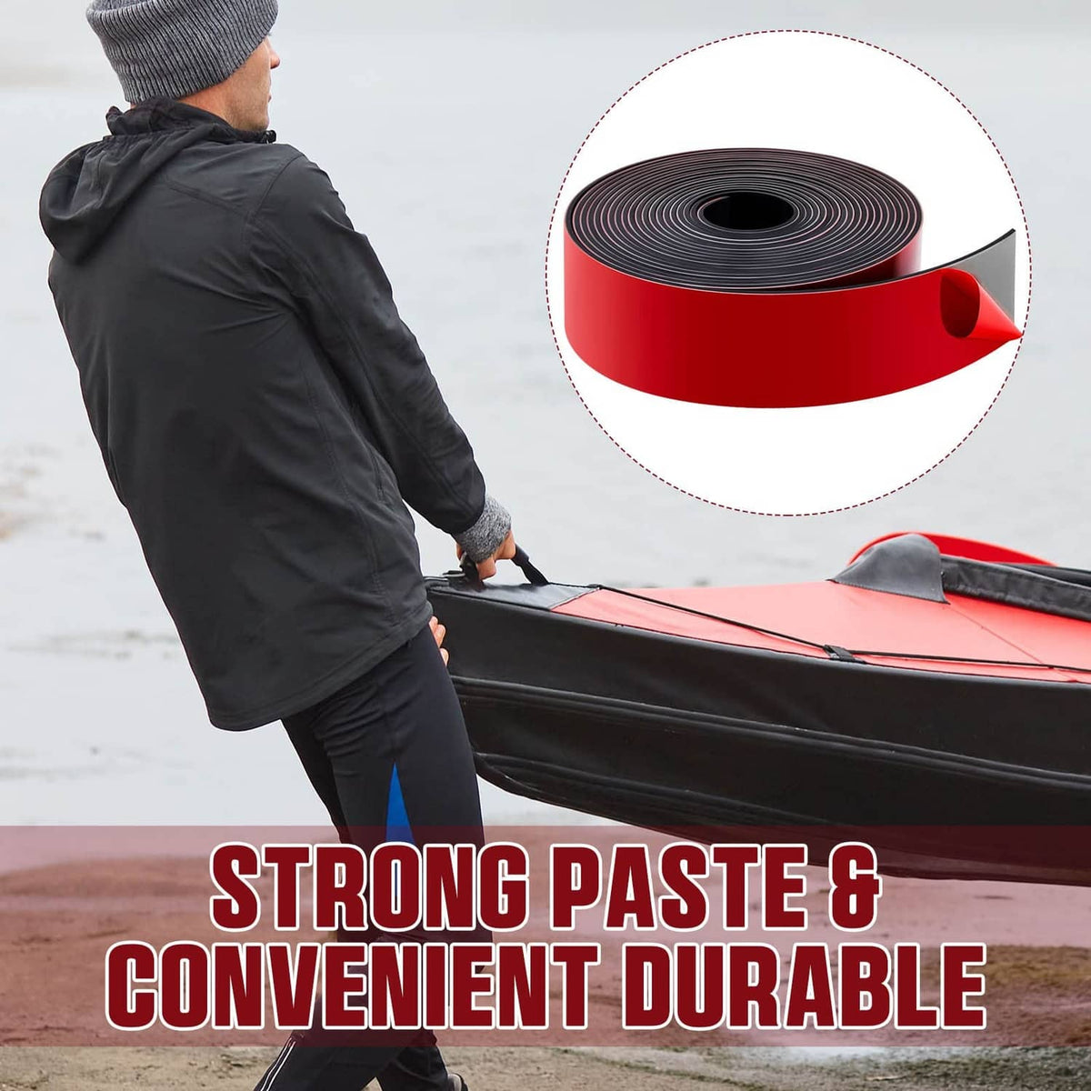 Kayak keel guard strip roll with black inner edge and red outer tape