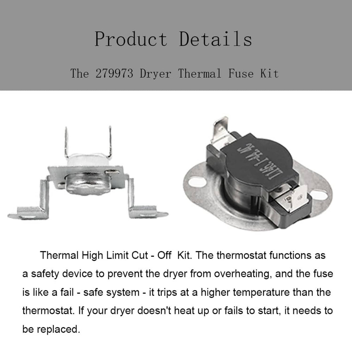 Dryer thermal fuse and thermostat cut-off kit with black sensor and metal brackets