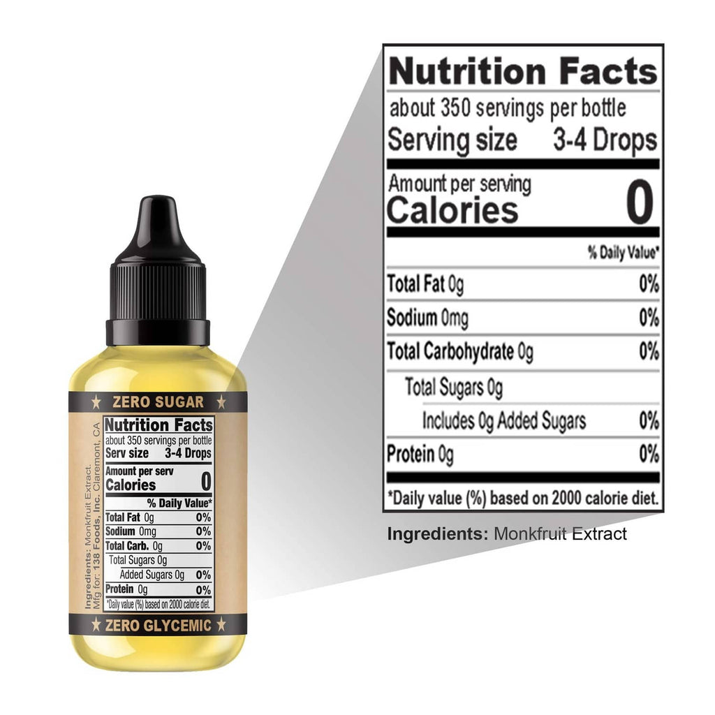 Liquid monkfruit sweetener bottle with nutrition facts panel and black dropper cap