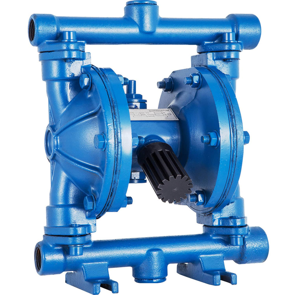 Blue air-operated double diaphragm pump front view with outlet pipes and central diaphragm