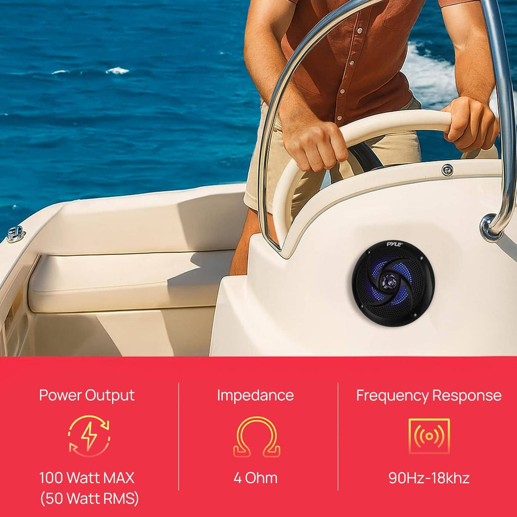 Marine speaker pod on a boat with a black 4-inch driver and blue LED ring