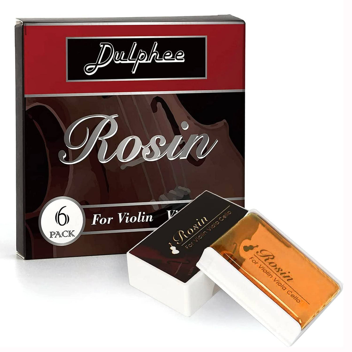 Dulphree 6-pack rosin for violin, with orange rosin blocks in white holders