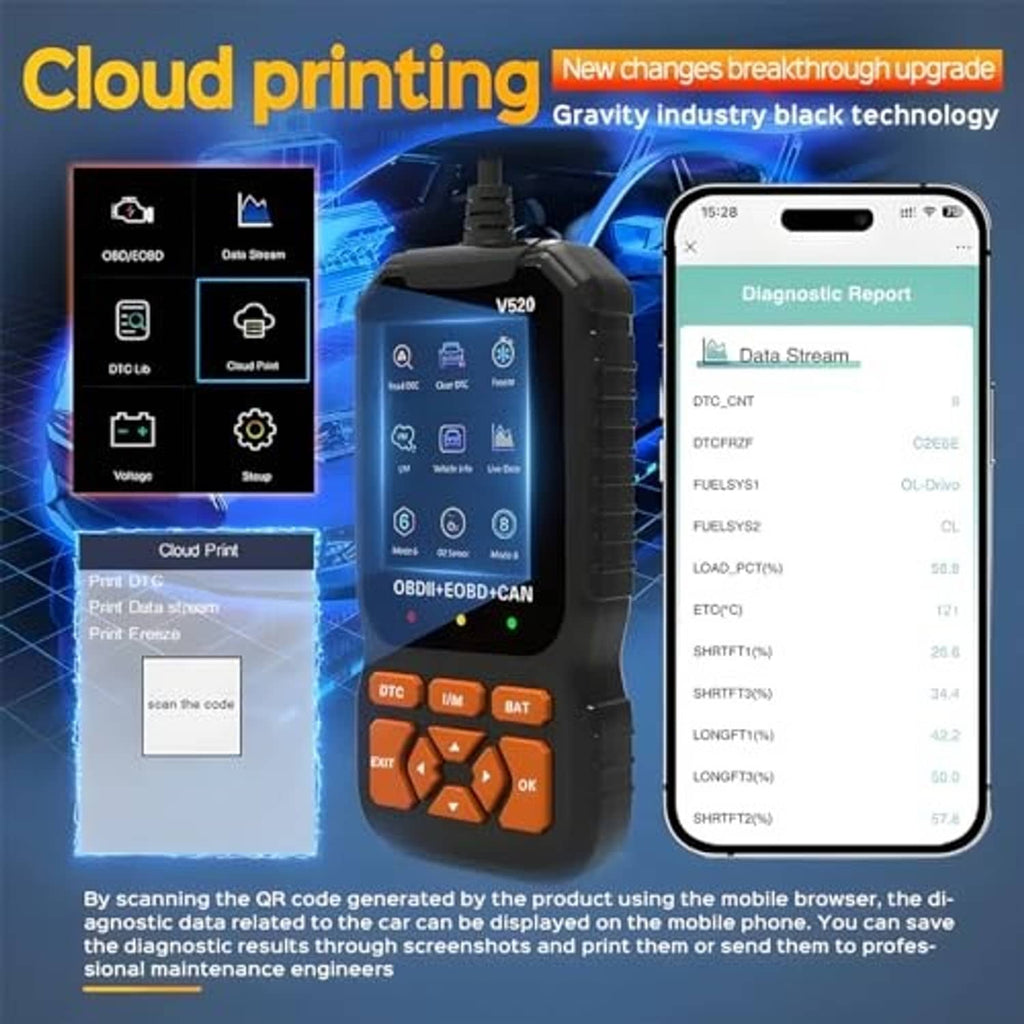 OBD2 scanner showing cloud print screen beside smartphone diagnostic report display