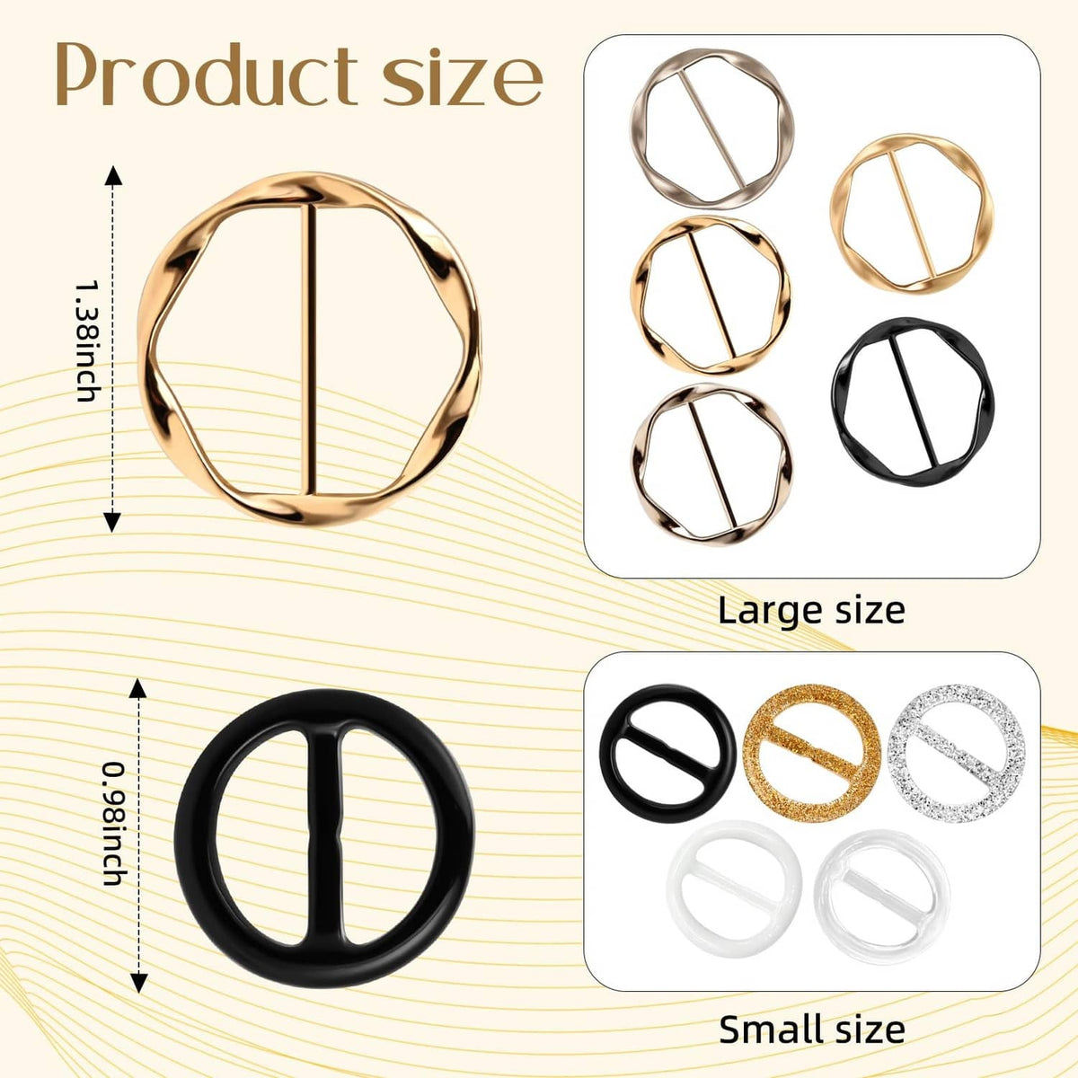 Large and small scarf rings assortment, gold, black and silver oval and round styles