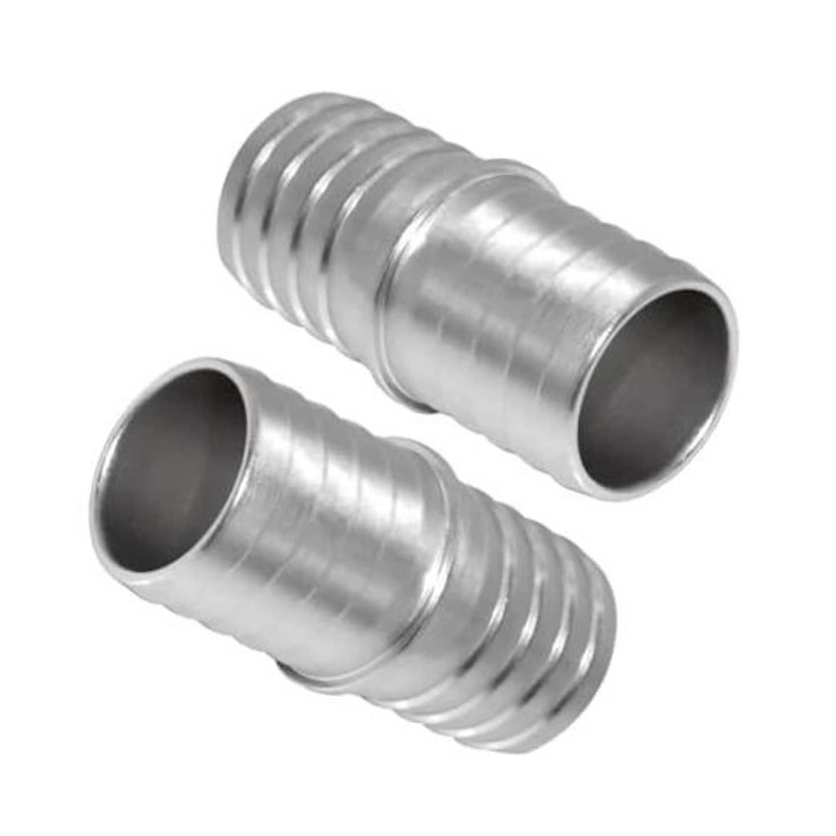 Two-piece silver metal radiator hose barb adapters, ribbed coupler, 3/4 in