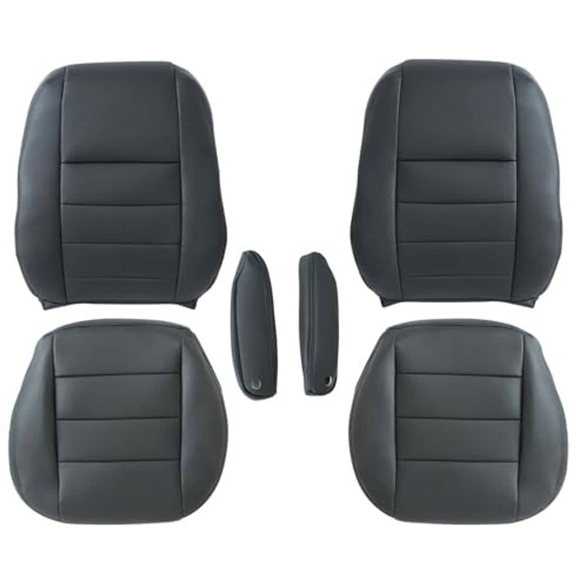 Set of black front seat covers, four pieces, rounded headrest design with stitched panels
