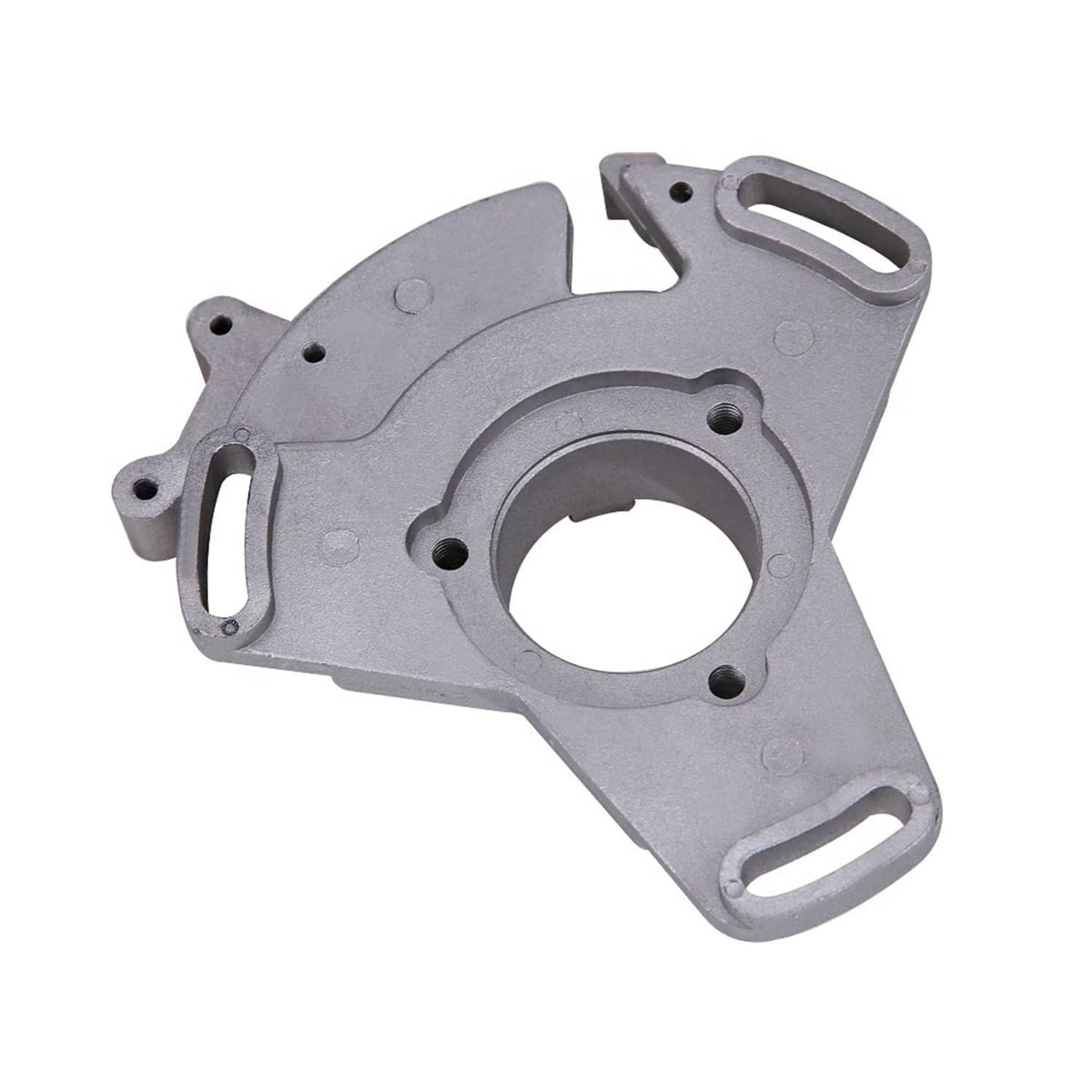 ATV stator timing plate, silver metal with circular bore and four mounting holes