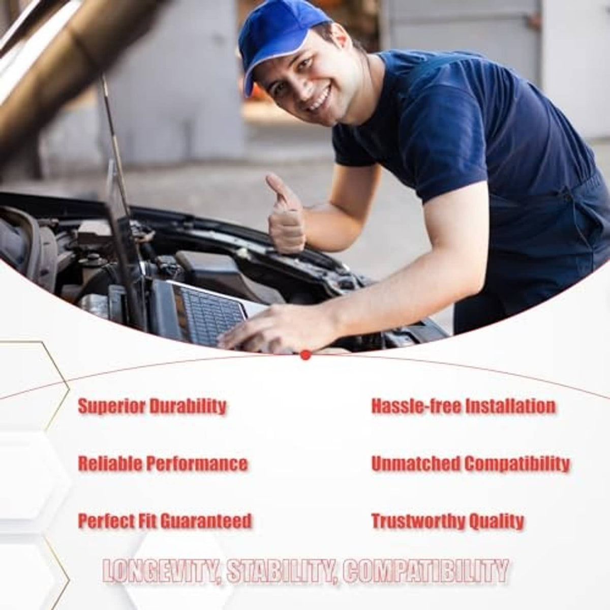 Auto mechanic working under an open hood, hands reaching toward engine bay