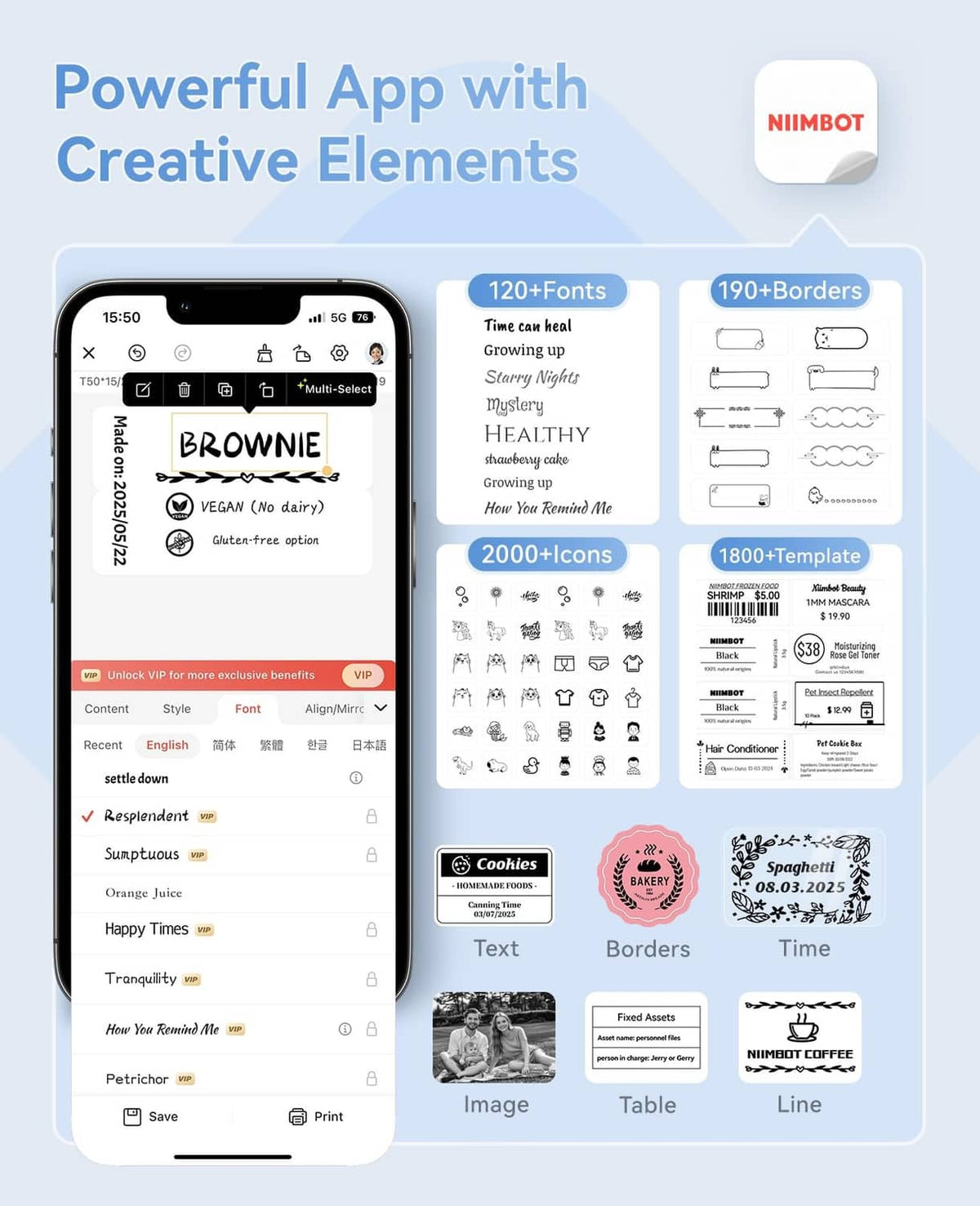 NIIMBOT label app on a phone with creative templates, icons, borders, and fonts