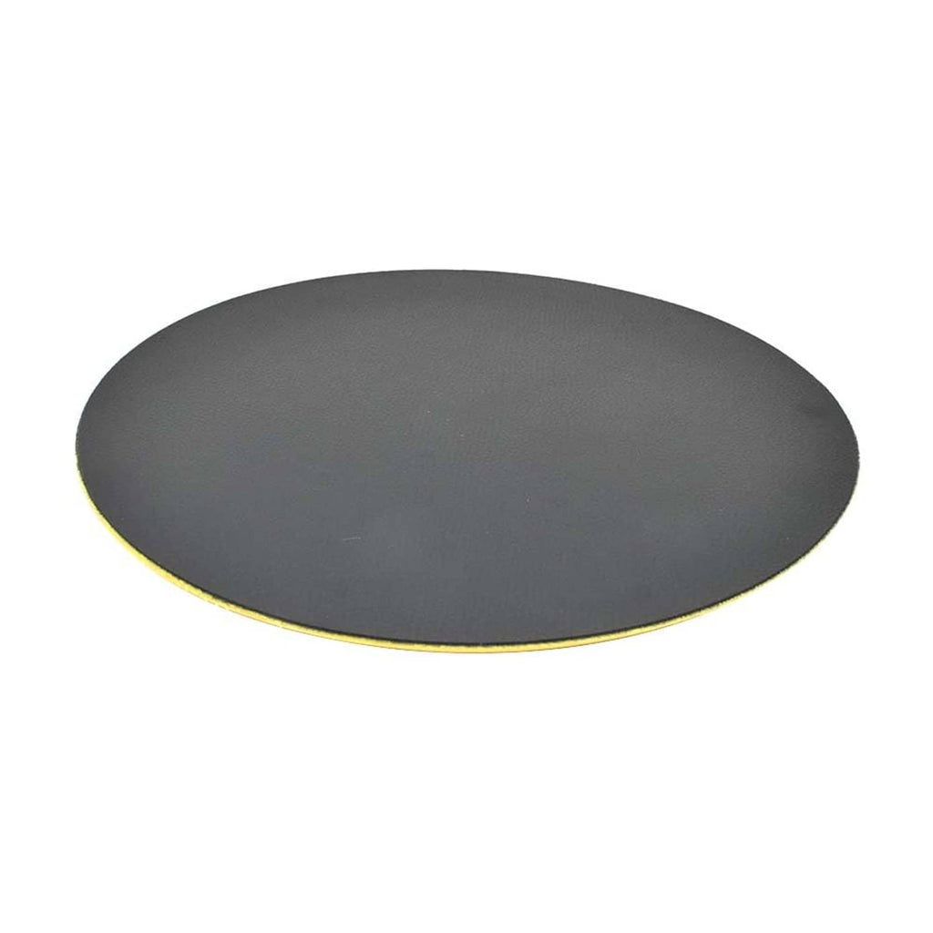 Round sanding pad with dark gray abrasive face and yellow edge.