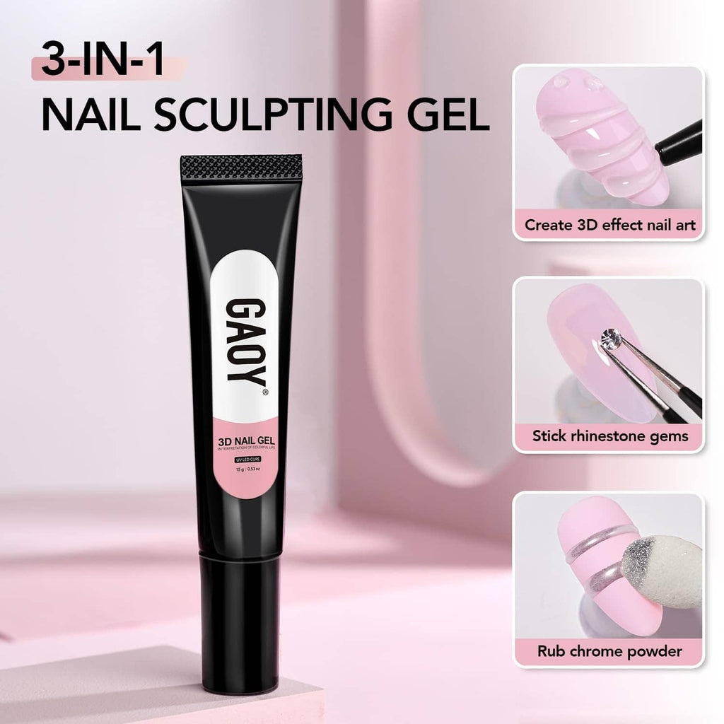 3D nail sculpting gel tube display with example nail art effects and rhinestone accents