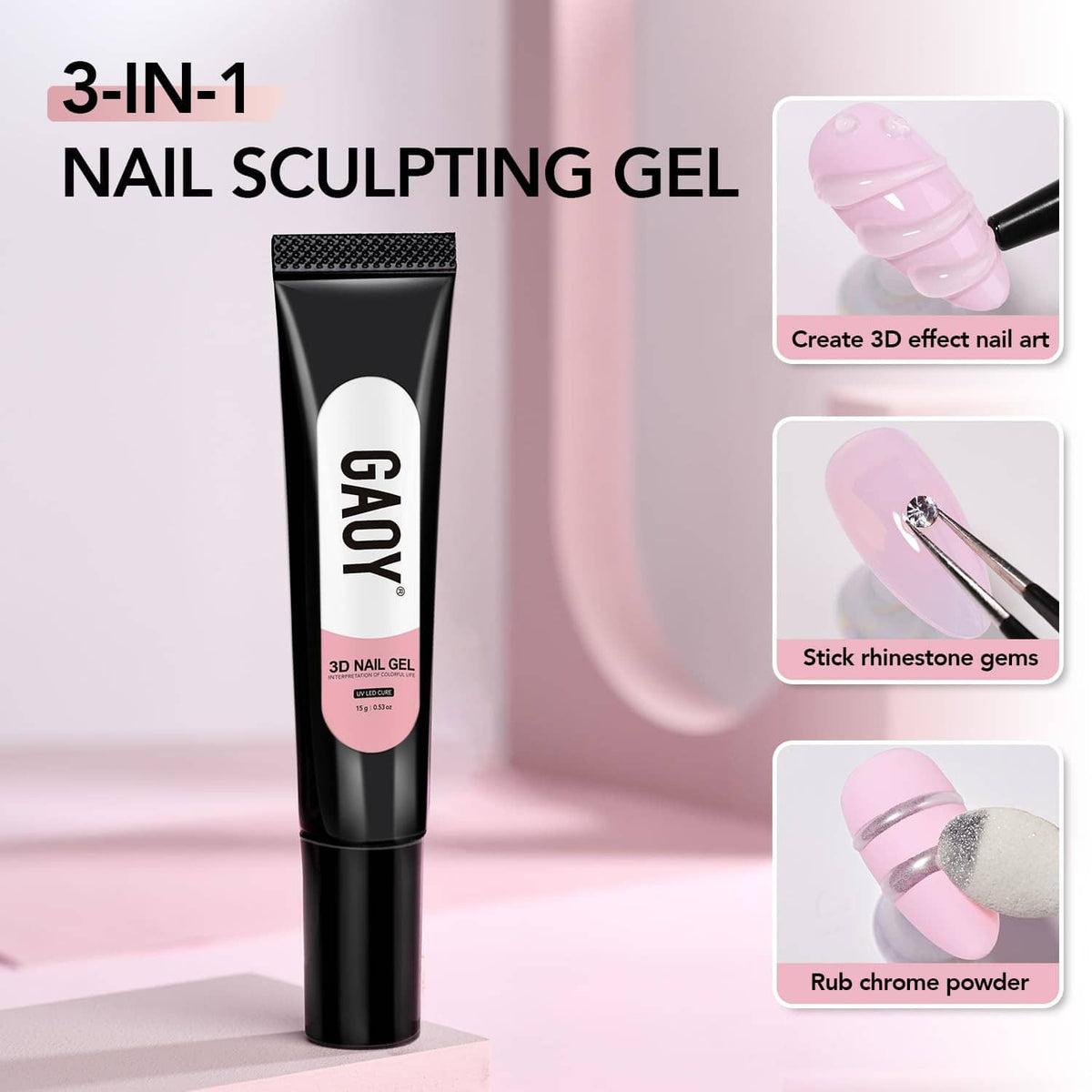 3D nail sculpting gel tube display with example nail art effects and rhinestone accents
