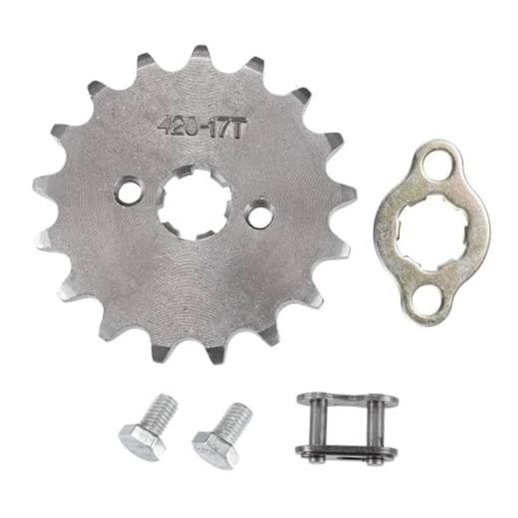 Silver 420-17T motorcycle front engine sprocket with mounting screws and spacer
