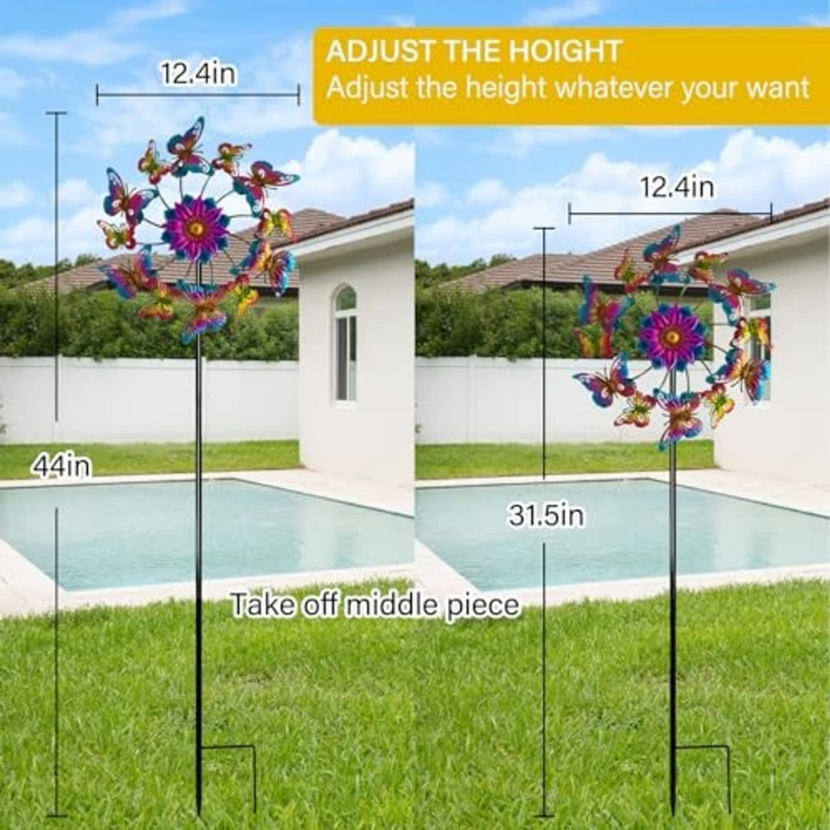 Colorful butterfly garden wind spinner with adjustable height on a tall yard stake
