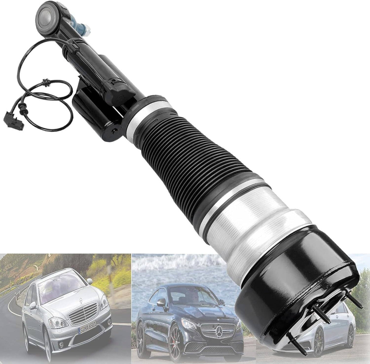 Front right air suspension strut with black ribbed air spring and silver shock body
