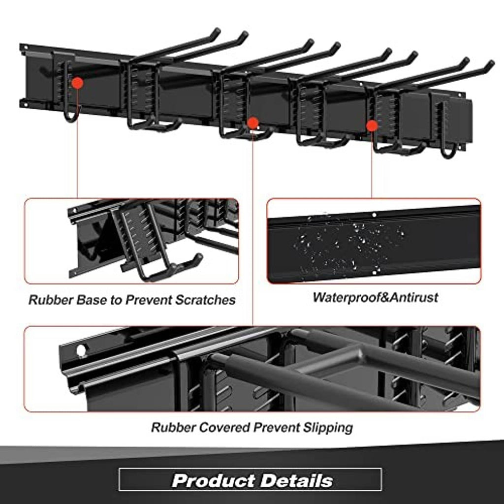 Black heavy-duty wall tool rack with multiple hooks and rubber base