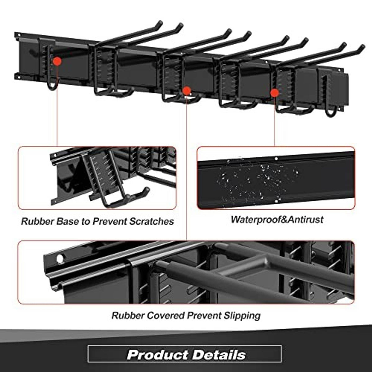 Black heavy-duty wall tool rack with multiple hooks and rubber base