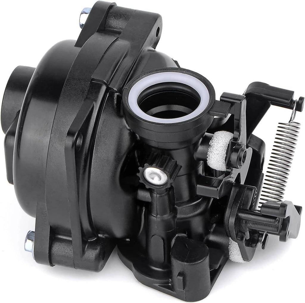 Black carburetor body with round intake opening, filter foam, and mounting hardware