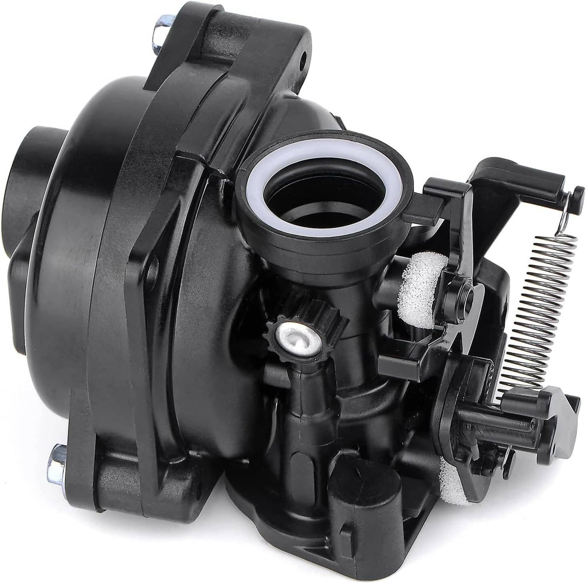 Black carburetor body with round intake opening, filter foam, and mounting hardware