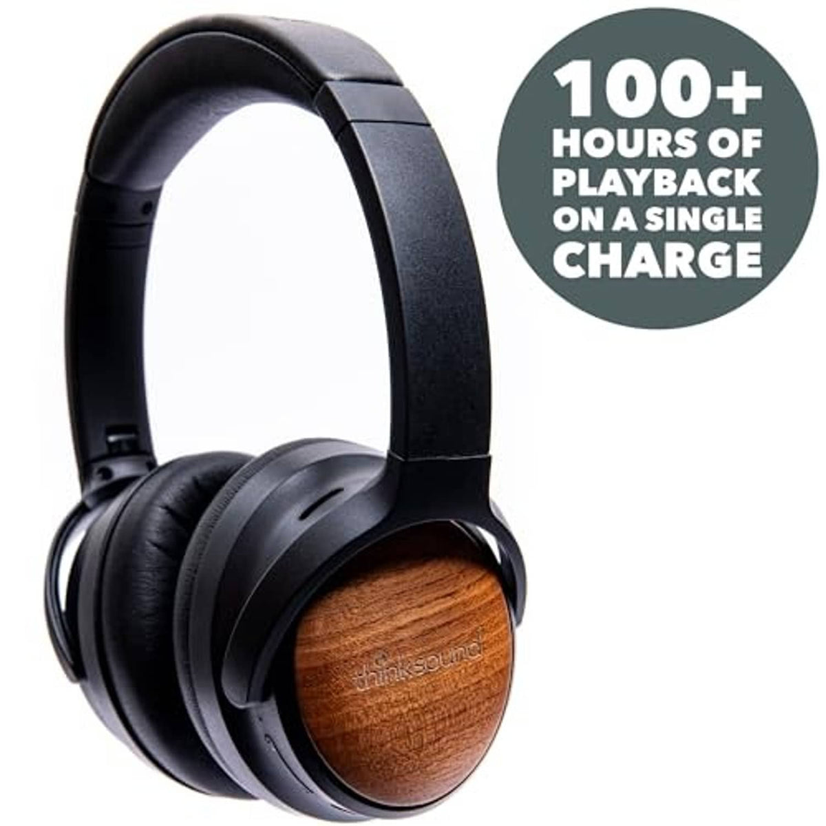 Black over-ear headphones with cushioned ear pads and wooden ear cups