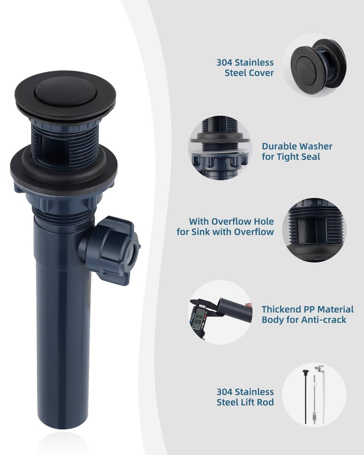Bathroom sink drain stopper set with lift rod, dark cover and fittings detail