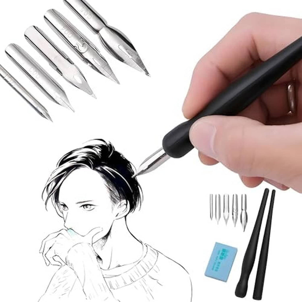 Black dip pen holder in a hand with steel nib tips and blue eraser block