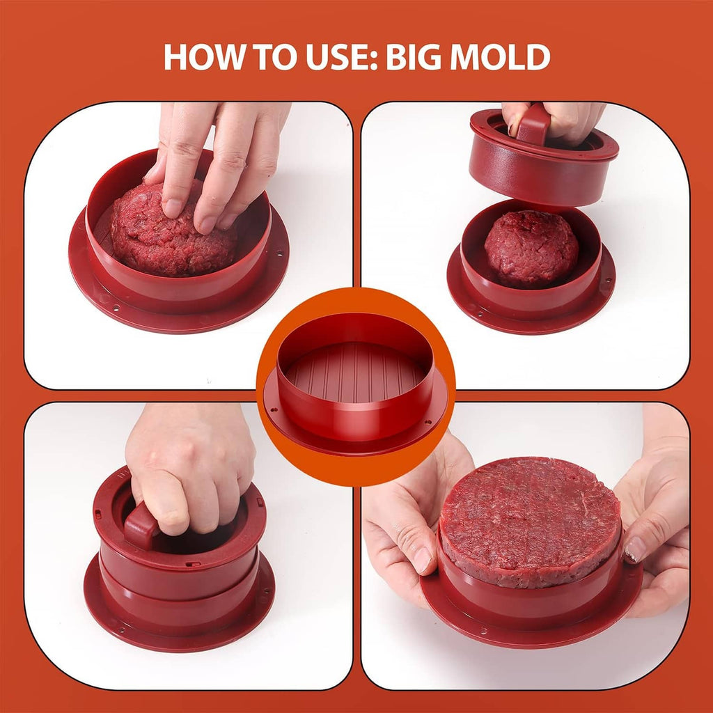 Red large burger press mold with hands forming and lifting patty