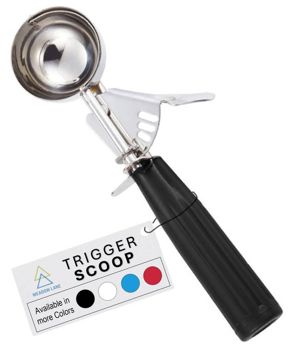 Black trigger ice cream scoop with stainless steel bowl and metal lever handle