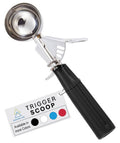 Black trigger ice cream scoop with stainless steel bowl and metal lever handle